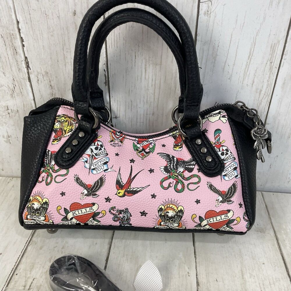 Ed Hardy Pink/Black Skull Tattoo Satchel Purse Studded Embroidered Zip Charm NWT - Picture 8 of 13